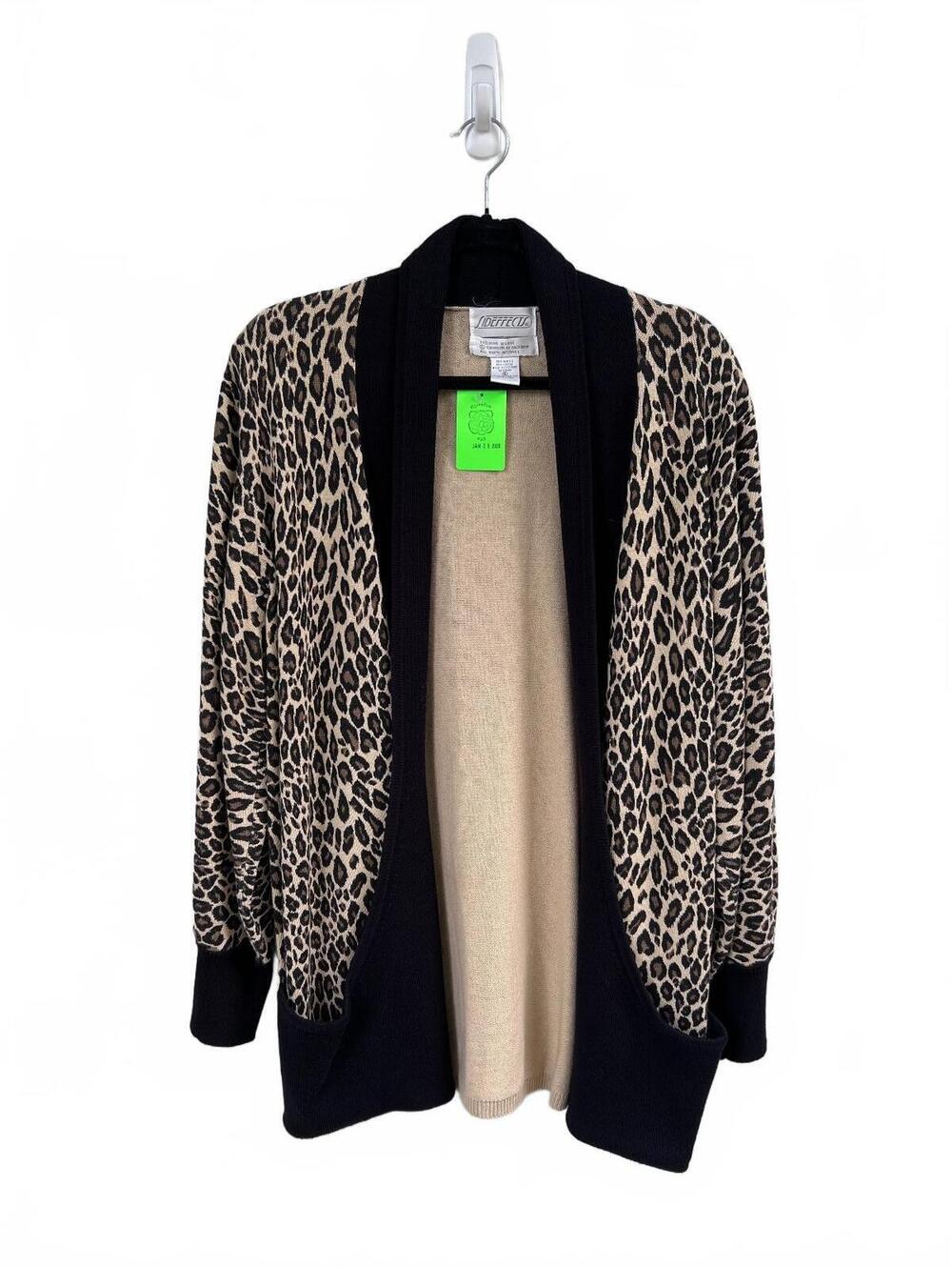 vintage sideffects 80s retro Leopard print open-front cardigan pockets Size XL